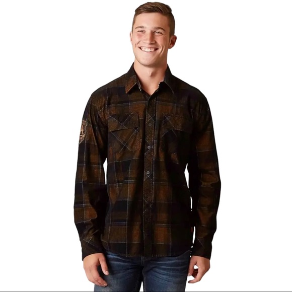 Affliction Men's Button Down Shirt Copper Mountain Embroidered Biker - Picture 1 of 11